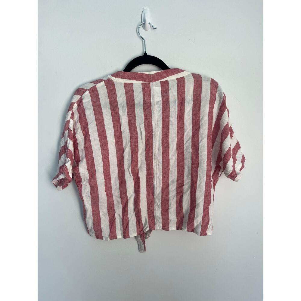 Rails Striped Button Front Shirt‎ Women XS Red White Linen Tie Hem Summer - Picture 2 of 7